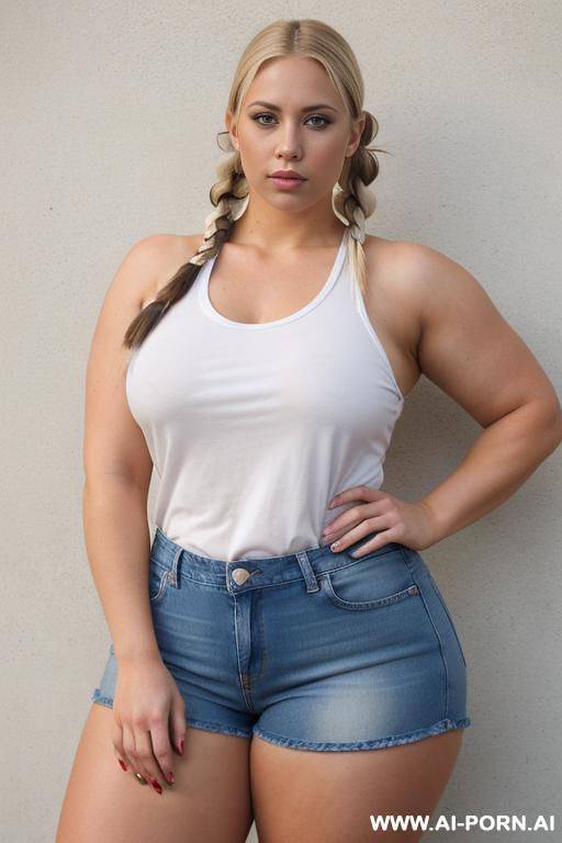 huge gigantic massive oversized obese bulked up thighs, jean shorts, white tight wet t-shirt, standing - #main
