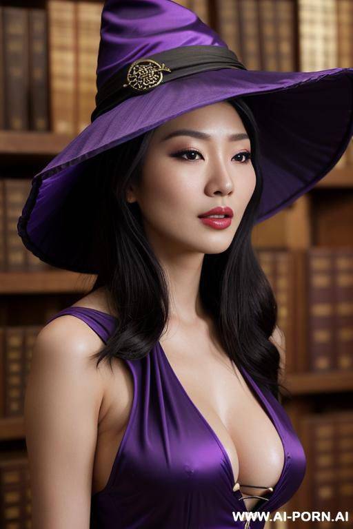 (close up) (asian witch) (skimpy purple witch outfit) (witch hat) (nip slip) (ancient library) (casting magic spell) - #main