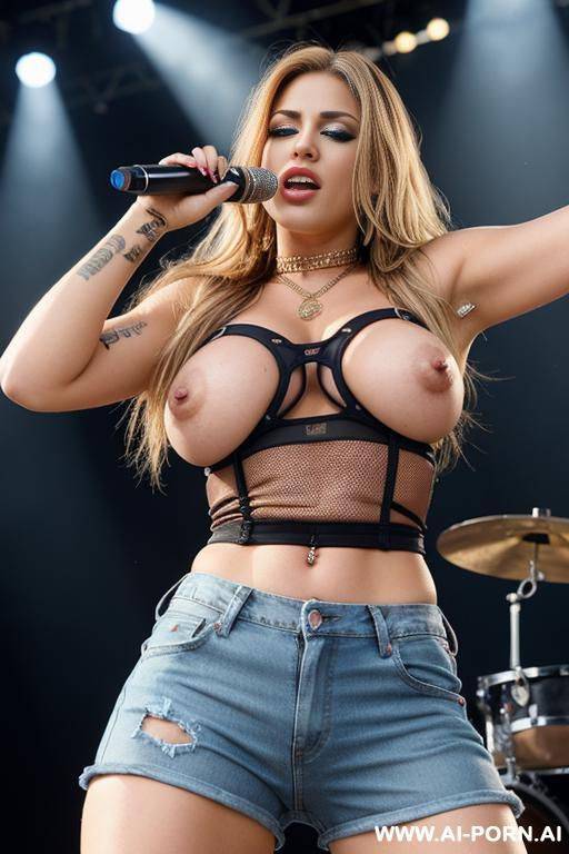 caucasian female rapper with huge tits wearing baggy jeans and a slutty mesh jersey, dark blonde hair, on a festival stage, close-up shot nude - #main