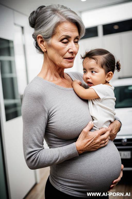 pregnant gilf is hip carrying her crying grandchil. gray hair. chignon. - #main