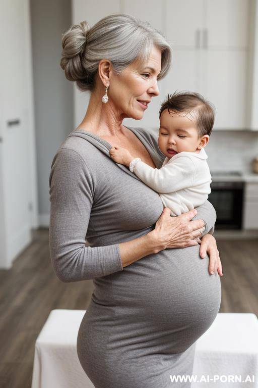 pregnant gilf is hip carrying her crying grandchil. gray hair. chignon. nsfw. - #main