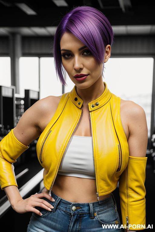 yellow sleeveless leather crop top jacket, yellow leather shorts , middle parted hair - #main