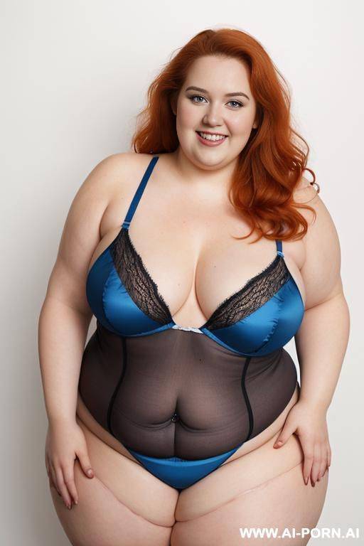 half body photo studio shot, about a ((obese)) fat bbw woman with love handless and tummy, wearing a sexy and hot blue wearing full body fishnet lingerie. - #main