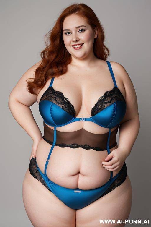 half body photo studio shot, about a ((obese)) fat bbw curvy woman with love handless and tummy, wearing a sexy and hot blue wearing full body fishnet lingerie. - #main