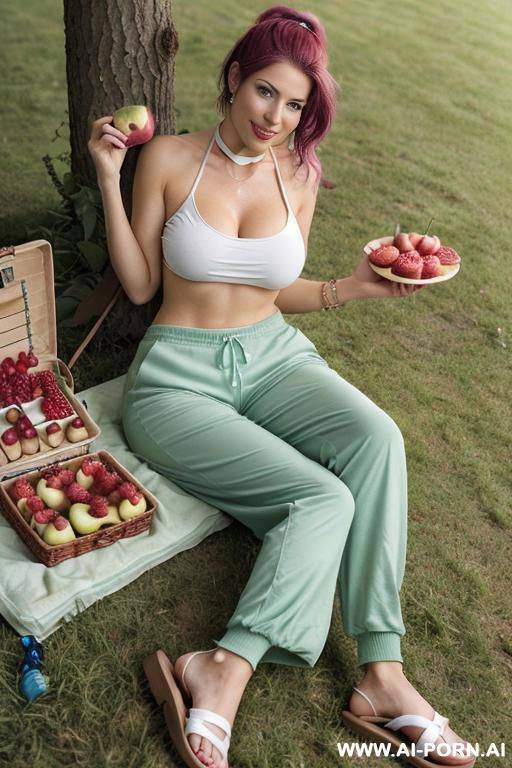 ((topless)), ((natural plump breasts), (pretty face), (wide hips), (soft seductive smile), (baggy pants), (choker) - #main