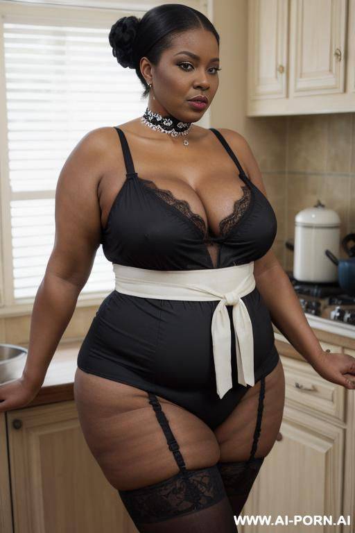 obese matured very old black gilf, very fat, very large hips, very plump, extra thicc, wrinkles, wrinkled skin, aging marks, hair bun, french maid outfit, french maid, maid, soubrette, extremely gigantic boobs, choker, perfect eyes, kitchen, waist shot - #main