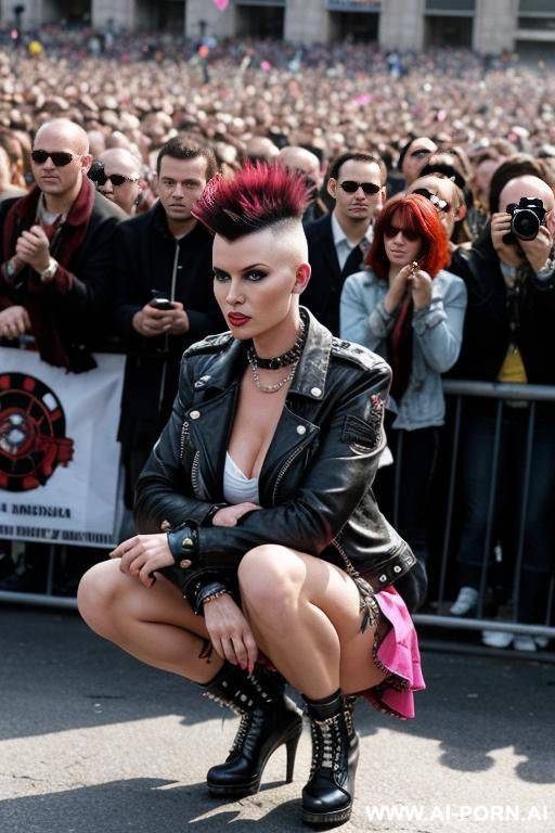 punk woman, mohawk, squatting next to crowd of people. short skirt, jacket - #main