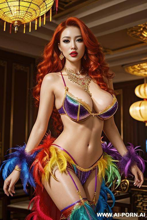 chinese, rainbow feather studed bright diamond transparent corset，feather tutu skirt， mesh robe， rainbow sequin red bra ,necklace，rainbow large pointed thigh-high boots - #main