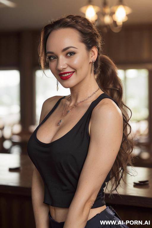 ((topless)), ((natural plump breasts), (pretty face), (wide hips), (soft alluring smile), (baggy pants), (choker) - #main