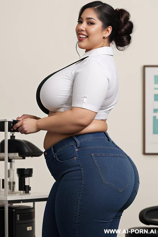 mexican, extremely plump, hourglass figure, inside pod, hooked up to intravenous, wide hips, lab, wearing oculus rift, side angle, tight high rise jeans, white shirt - #main