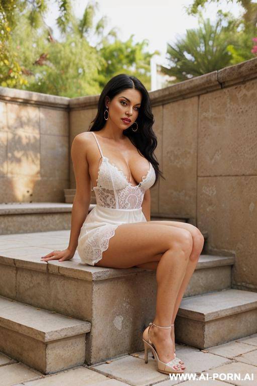 (((full body shot))), seductive, hoop earings, (most beautiful women ever), (sexy milf), photorealistic image of an alluring woman sitting on a stone stairs in a backyard, (((leaning back))), (hands - #main