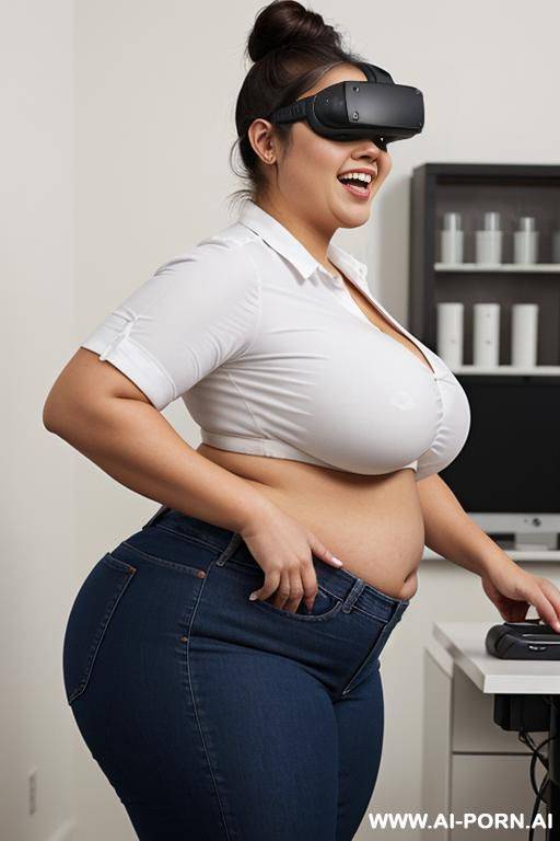 mexican, extremely plump, pear shaped figure, inside pod, hooked up to intravenous, wide hips, lab, wearing oculus rift, side angle, tight high rise jeans, white shirt - #main
