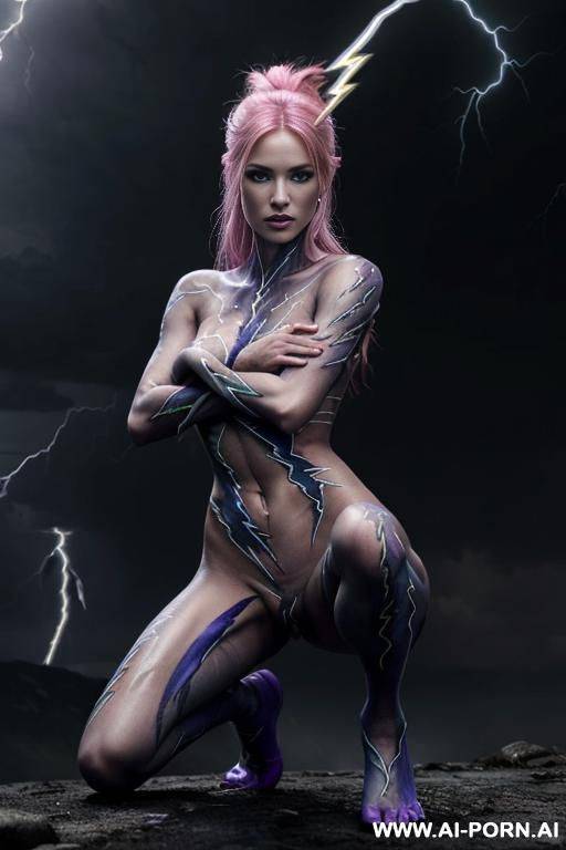 extremely tall supermodel cutie, slender, skiny, completely naked, super long legs, very long hair, goddess of lightning, (((whole body covered in lightning))), bad weather, epic, fantasy wings, - #main