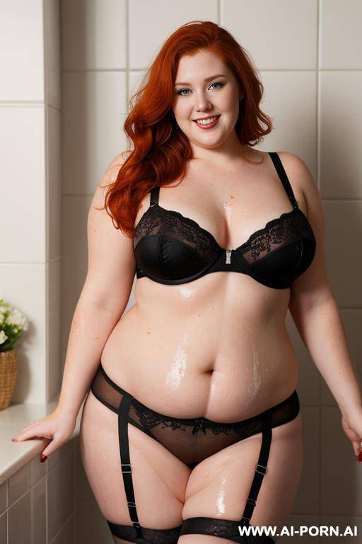 half-length photo, as a setting in the laundry area, a fat chubby fat thick and bbw redhead british, she is washing clothes and is soaked in foamy water. she has lovehandless and a soft - #main