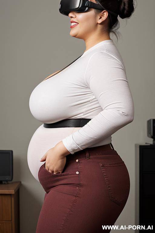 mexican, extremely plump, hourglass figure, inside pod, hooked up to intravenous, wide hips, lab, wearing oculus rift, side angle, tight high rise jeans, white shirt - #main