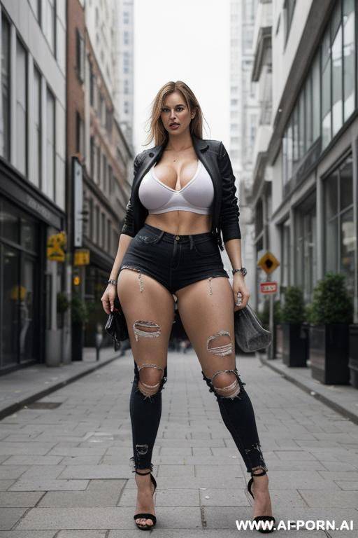 full body view. extremely tall english growing giantess bursting through her ripped shrunken clothes. bulging out of clothes that are shrunken and falling apart. smashing through the city - #main