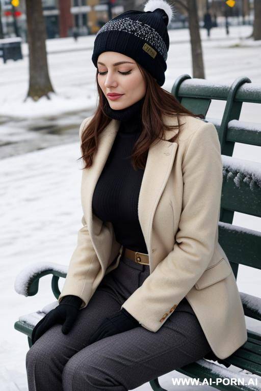 cold sunny day, topless, winter trousers, showing boobs, winter hat, showing nipples, sitting on street bench, eyes closed - #main