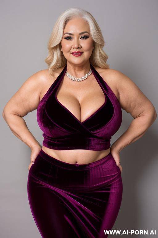 three asian bbw granny in split velvet skirt and velvet croptop and two busty old mature women blonde british in halter velvet bodysuit - #main