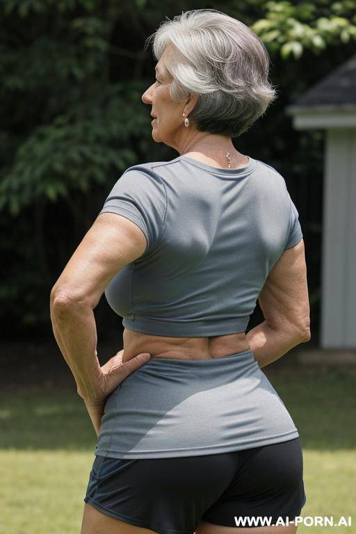 back view, 0 year old grandmother, full body, standing, short gray hair, lady, clearly visible age marks, triangular hips, thick thighs, wearing a blue soccer t-shirt, black shorts, playing football with other grandmothers outdoors - #main