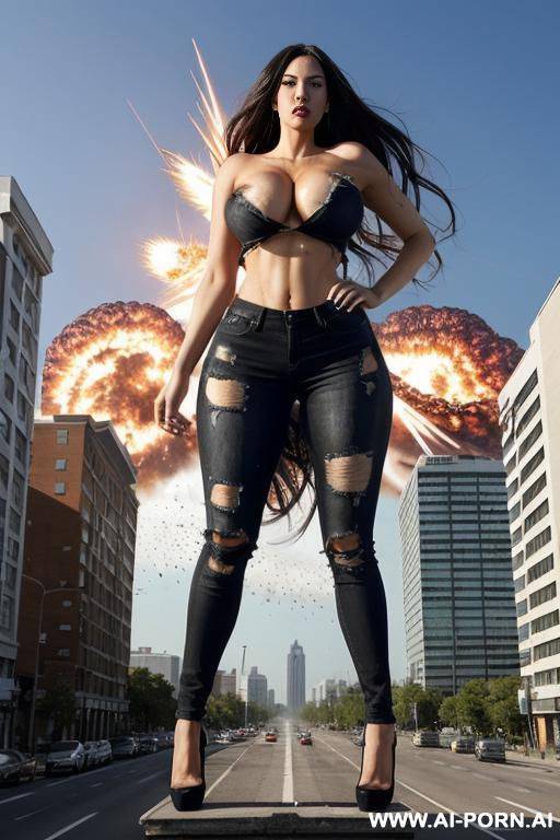giantess as tall as the sky. giantess exploding out of a building. full body view. extremely tall growing giantess bursting through her ripped to shreds shrunken clothes that are too tight. - #main