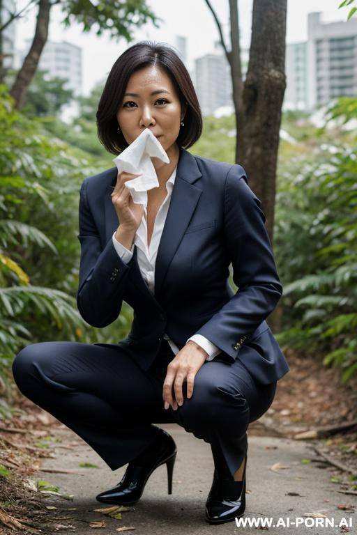 squatting in underbrush business clothes, pants, trash, holding tissues - #main