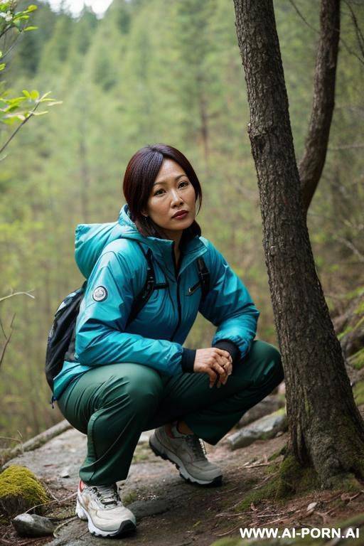 crouching in wilderness, outdoor-clothes, pants, legs apart, - #main