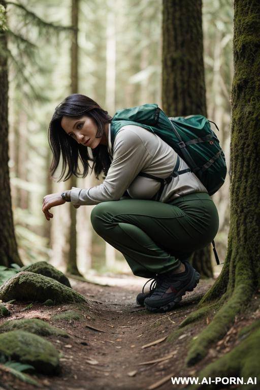 hiker crouching in forest, outdoor-clothes, pants, legs-apart, side-view - #main