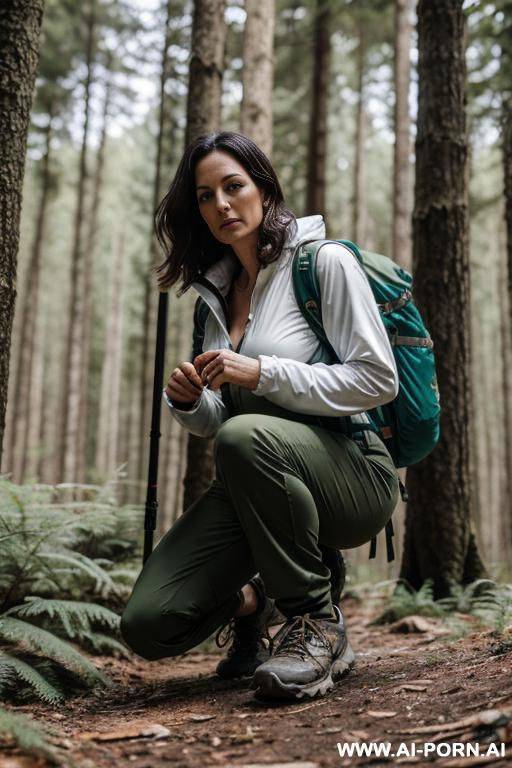 hiker crouching in forest, pants, outdoor-clothes - #main