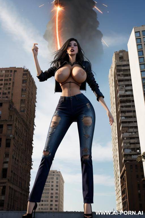 giantess as tall as the sky. giantess exploding out of a building. full body view. extremely tall growing giantess bursting through her ripped to shreds shrunken clothes that are too tight. clothes are almost gone completely. - #main