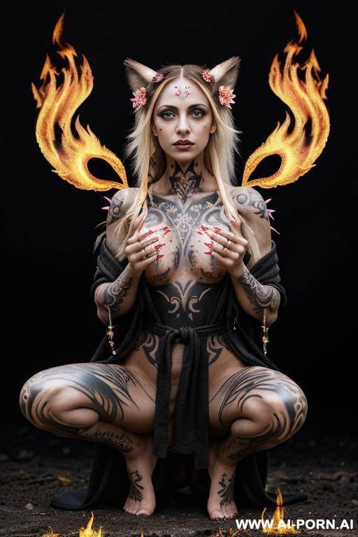 extremely tall supermodel cutie, slender, skiny, completely naked, super long legs, ((very long hair)), goddess of fire, ((whole body covered in fire)), he’ll, epic, fantasy wings, unusual skin - #main