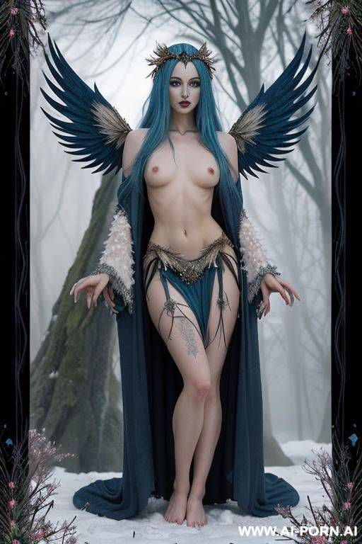 extremely tall supermodel cutie, slender, skiny, completely naked, super long legs, very long hair, fantasy wings, unusual skin texture, fantasy skin, snowflakes, winter, christmas, ((snowflakes hair clip)), (((playful mischievous sacred cutie))) - #main
