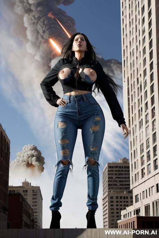 giantess as tall as the sky. giantess exploding out of a building. full body view. extremely tall growing giantess bursting through her ripped to shreds shrunken clothes that are too tight. clothes are in tatters and are exploding off her into bits - #main
