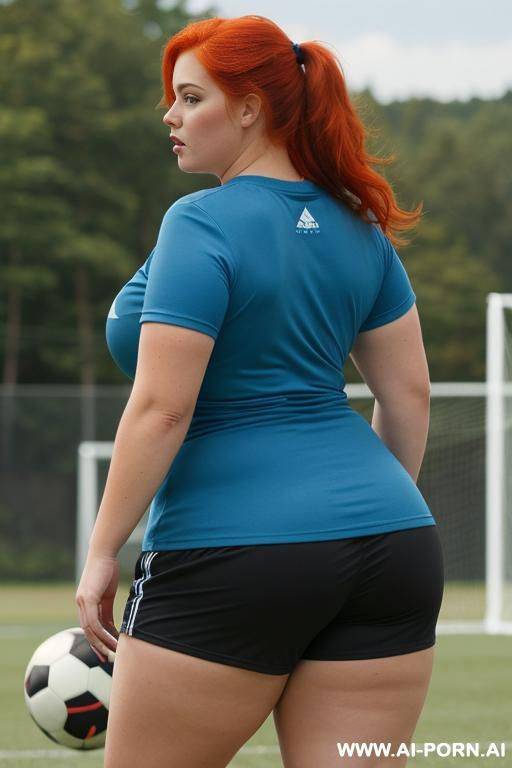 back view, chubby woman, full body, standing, redhead, triangular hips, thick thighs, wearing a blue soccer t-shirt, black shorts, playing football with other chubby woman outdoors - #main