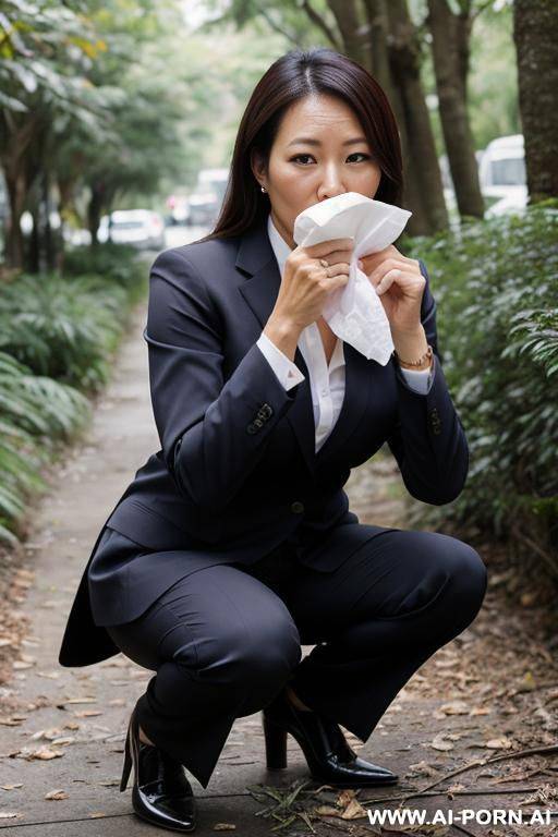 squatting in underbrush business clothes, pants, trash, holding tissues - #main