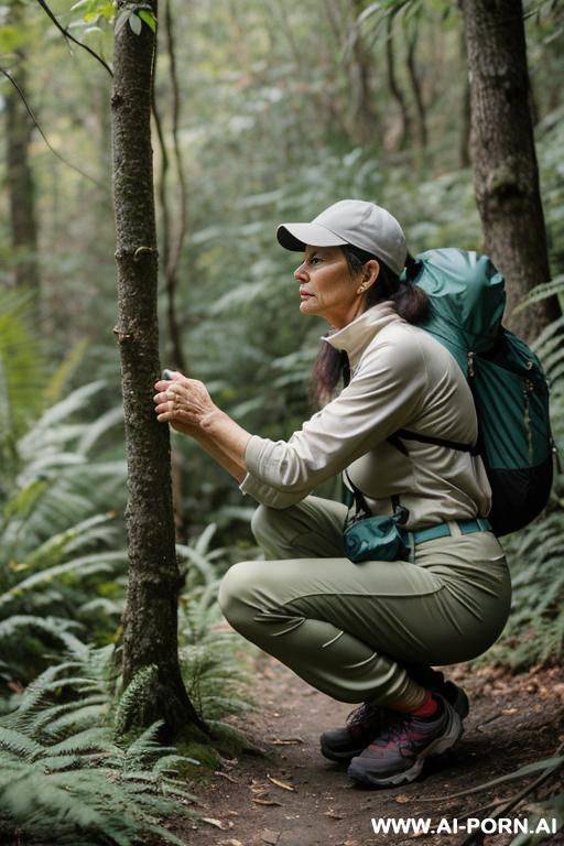 hiker squatting in underbrush, outdoor-clothes, pants, side-view - #main