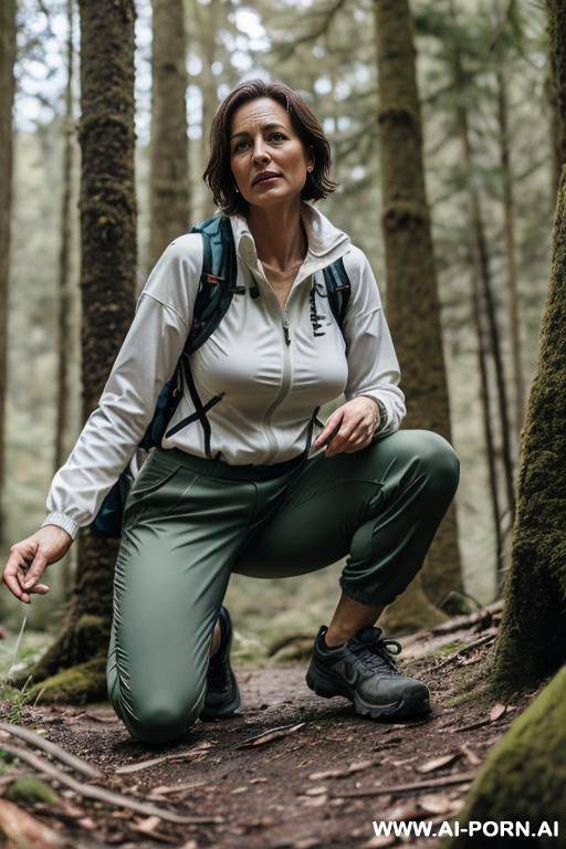 hiker crouching in forest, pants, outdoor-clothes - #main