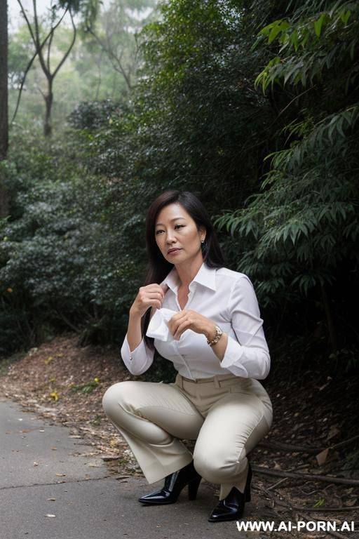 squatting in underbrush business clothes, pants, trash tissues - #main