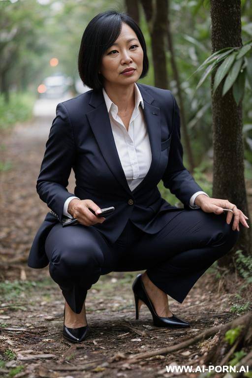 squatting in underbrush business clothes, pants, trash, - #main
