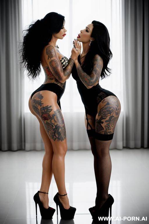 two milfs passionately kissing, perfect body, tall, high heels, tattoos - #main
