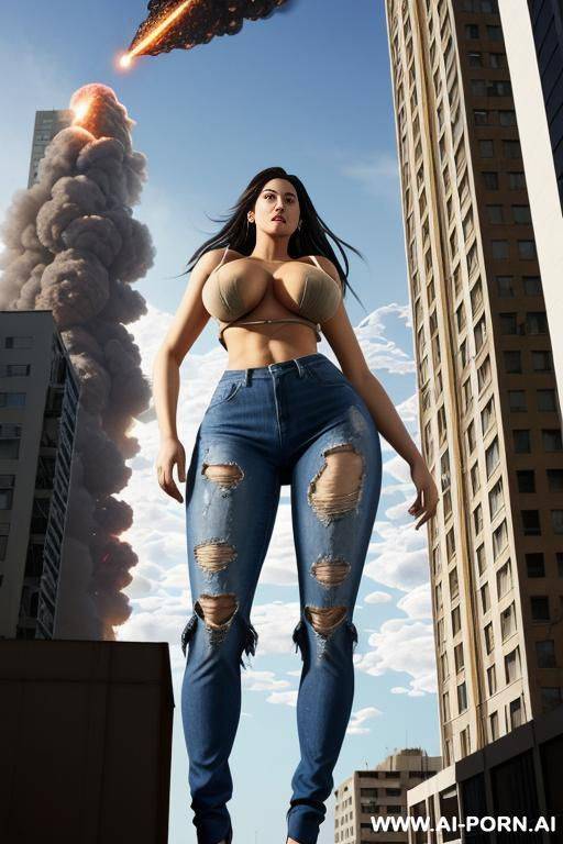 giantess as tall as the sky. giantess exploding out of a building. full body view. extremely tall growing giantess bursting through her ripped to shreds shrunken clothes that are too tight. clothes are almost gone completely. - #main