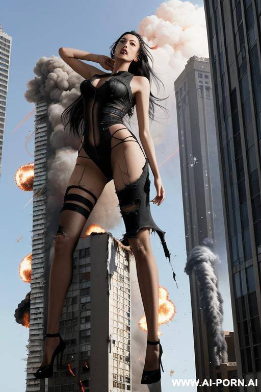 giantess as tall as the sky. giantess exploding out of a building. full body view. extremely slender tall growing giantess bursting through her ripped to shreds shrunken clothes that are too - #main