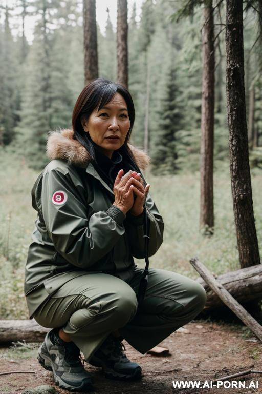 squatting in wilderness, hands on knees, outdoor-clothes, reliveing herself - #main