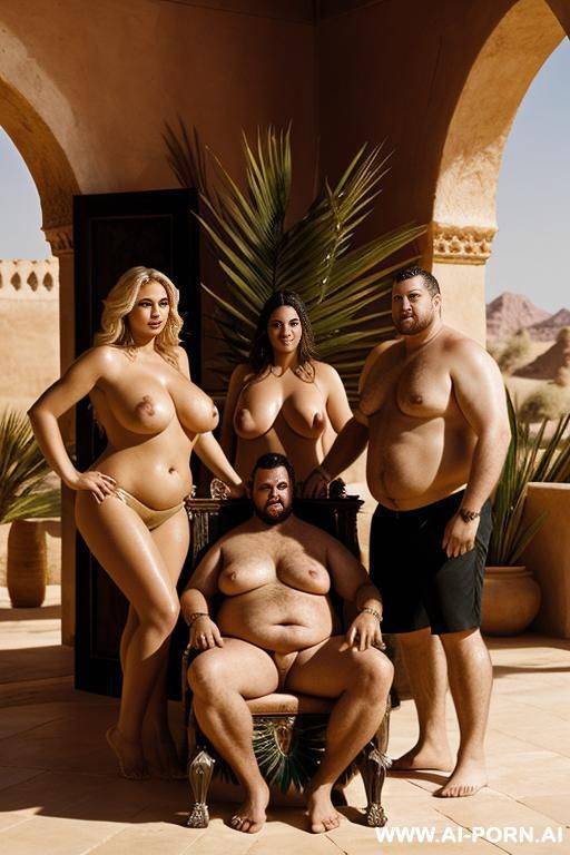 massive fat man on a throne, with 2 beautiful women standing. topless. thong. in a desert palace. feeding him dates. fan with palm leaves. drinking wine. grabbing breasts. - #main