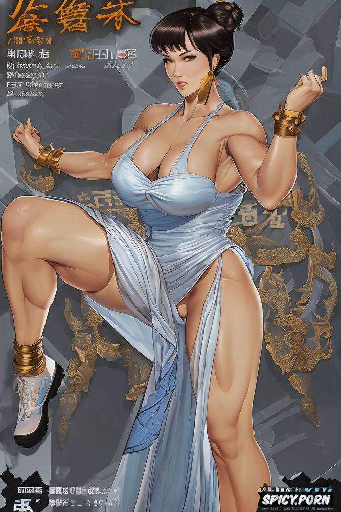 beefy thighs, voluptuous, double white hair buns, brown hair - #main