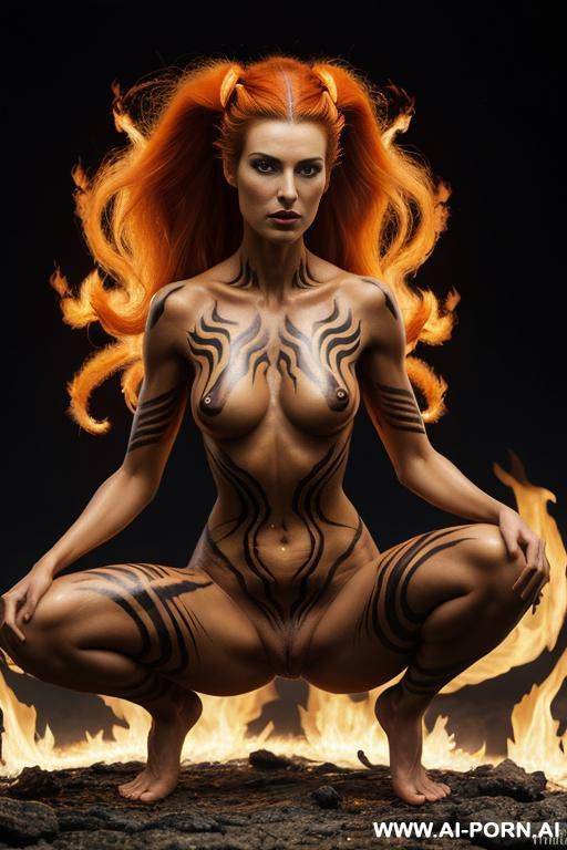 extremely tall supermodel cutie, slender, skiny, completely naked, super long legs, very long hair, goddess of fire, whole body covered in fire, surrounded by fire, epic, fantasy wings, unusual - #main