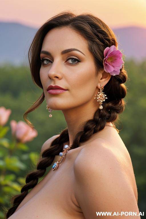 mature, milf, perfect hourglass figure, eye contact, looking into camera, necklace, earrings, bracelets, wearing flowers, totally naked - #main