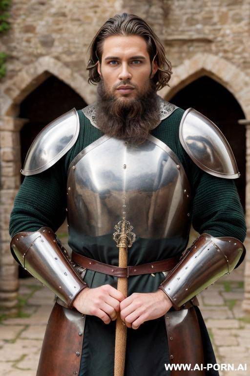 handsome model man, athletic handsome man, thick brown hair, big green eyes, one man, short beard, standing, wearing medieval armor, fucking slutty medieval woman, vaginal sex, ((keep face)), ((keep model)), ((keep body)), - #main