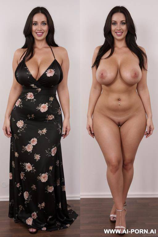 brunette, caucasian, green eyes, very long black dress with white and pasterl flowers, and dense floral pattern covering all the dress, new face compared to last photo - #main