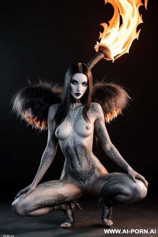 extremely tall supermodel cutie, slender, skiny, completely naked, super long legs, (((extremely long hair))), ((goddess of fire)), whole body covered in fire, surrounded by fire, epic, fantasy wings, - #main