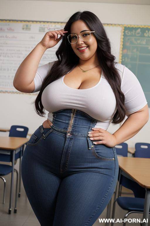 holding vile in her hand, big boobs, massive curved hips, alluring thighs, rocker outfit, very wide figure, long hair, tight white shirt, blue jeans - #main